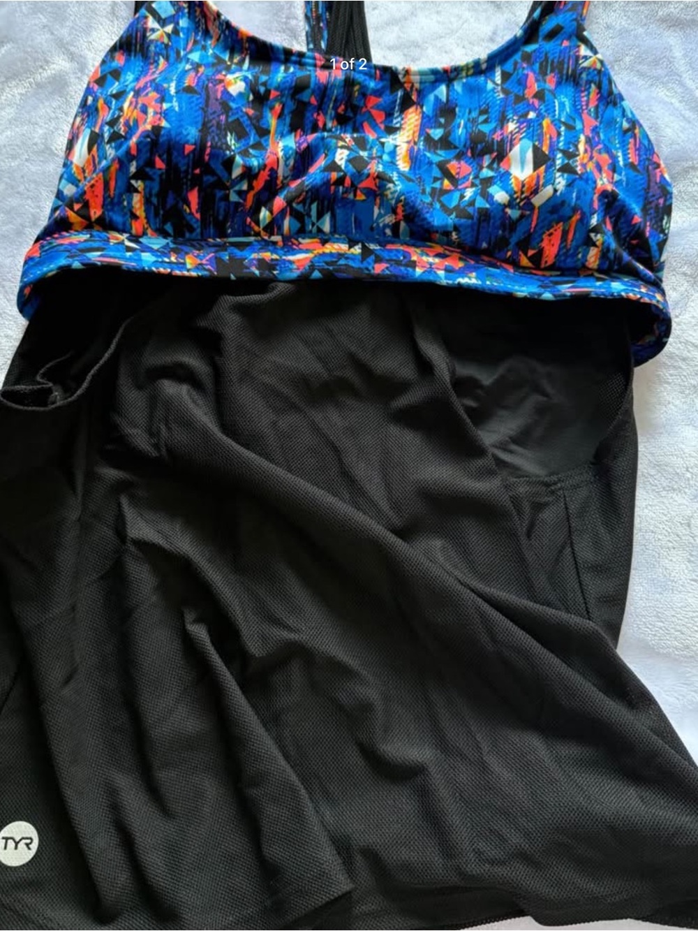 TYR Black Swim Dress with Blue & Orange Geo Print Top